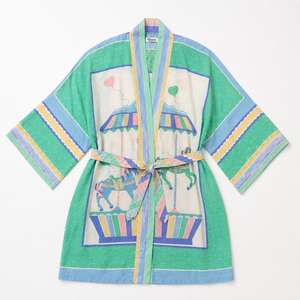 Vintage Kittens Carousel Horse Robe Loungewear Womens OS Pastel Whimsical USA